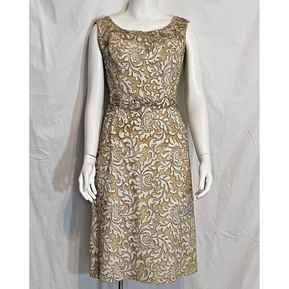 Vtg 50s60s Pin Up Dress Gold Lace Cocktail Party Lined Size XS 2/4/6